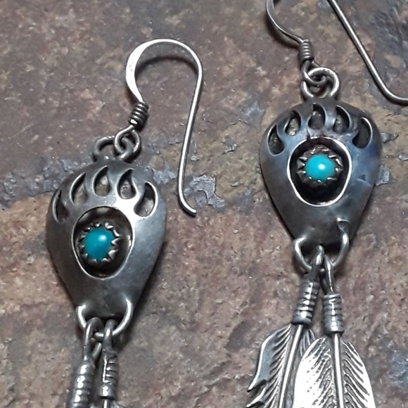 Sterling Bear Claw Turquoise and Feather Dangle Native American Earrings - Picture 3 of 3